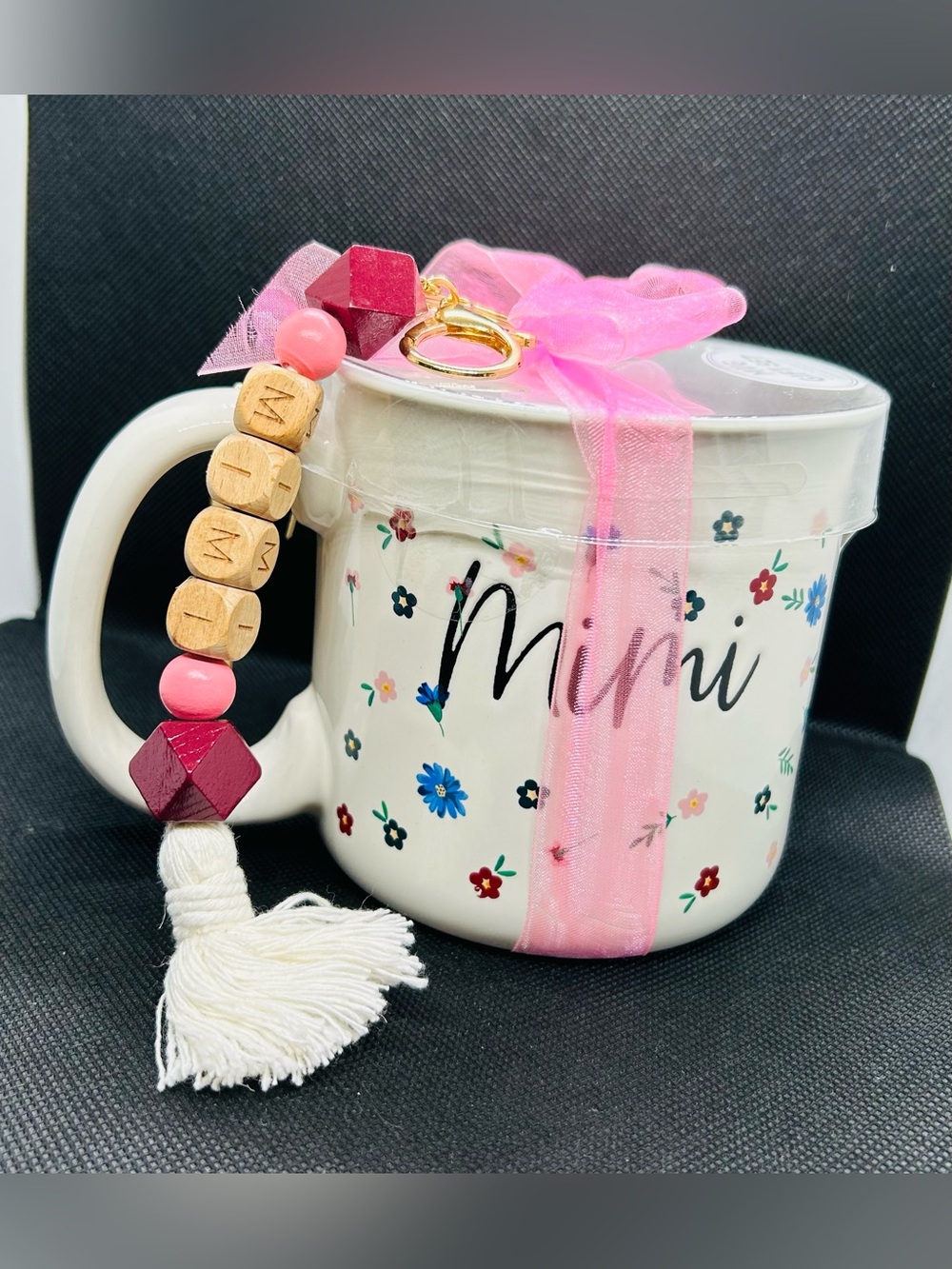 Floral Ceramic Mug with Pink Ribbon & Beaded Key Charm